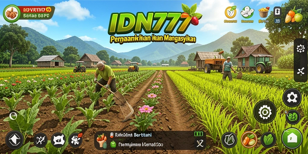 Tampilan gameplay IDN777 yang menampilkan aktivitas bertani yang menyenangkan
