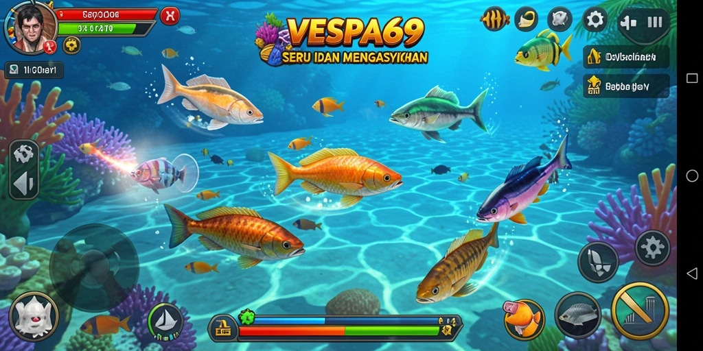 Tampilan gameplay VESPA69 yang mengasyikkan dengan beragam ikan untuk ditangkap.